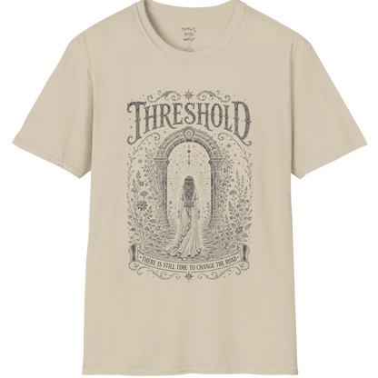 Woman standing before a sacred stone archway with botanical engraving design — Dark Sacred Stillness collection by Ramro Yoga Wear — Sand