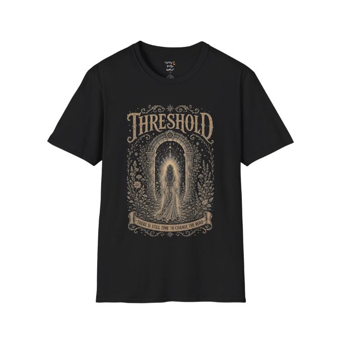 Woman standing before a sacred stone archway with botanical engraving design — Dark Sacred Stillness collection by Ramro Yoga Wear — Black