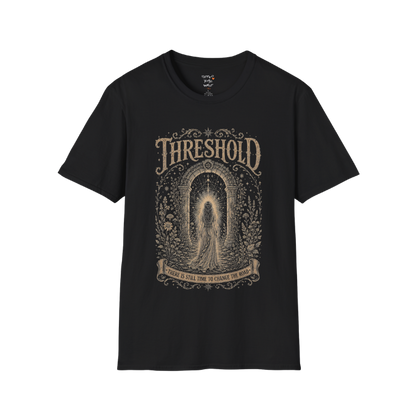 Woman standing before a sacred stone archway with botanical engraving design — Dark Sacred Stillness collection by Ramro Yoga Wear — Black