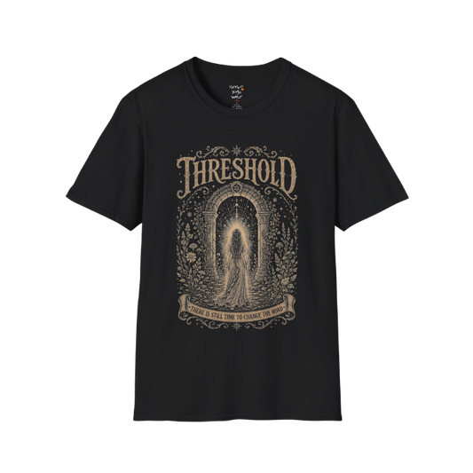 Woman standing before a sacred stone archway with botanical engraving design — Dark Sacred Stillness collection by Ramro Yoga Wear — Black