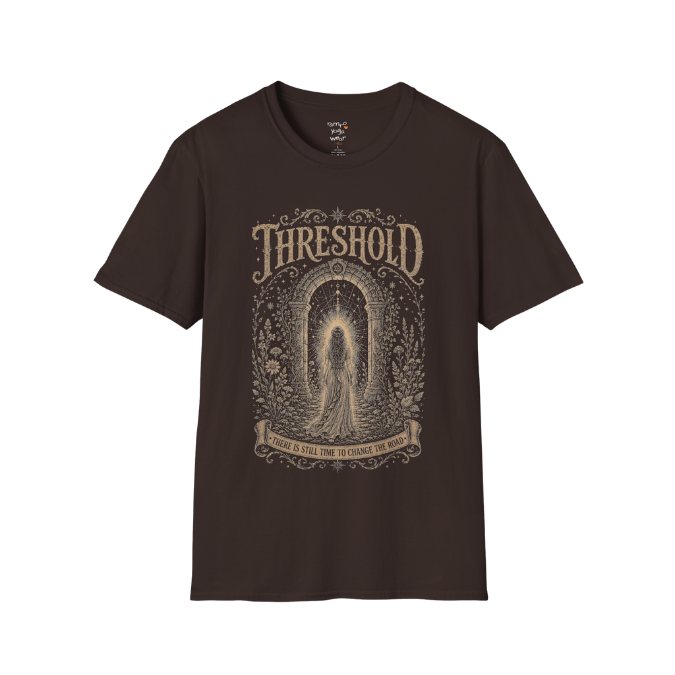 Woman standing before a sacred stone archway with botanical engraving design — Dark Sacred Stillness collection by Ramro Yoga Wear — Dark Chocolate