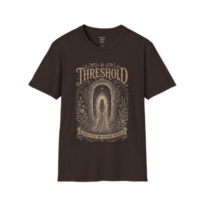 Woman standing before a sacred stone archway with botanical engraving design — Dark Sacred Stillness collection by Ramro Yoga Wear — Dark Chocolate
