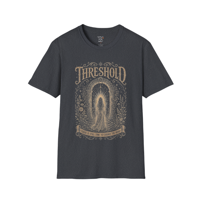 Woman standing before a sacred stone archway with botanical engraving design — Dark Sacred Stillness collection by Ramro Yoga Wear — Dark Heather Grey