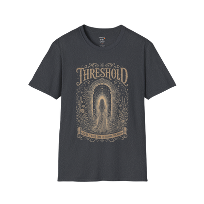 Woman standing before a sacred stone archway with botanical engraving design — Dark Sacred Stillness collection by Ramro Yoga Wear — Dark Heather Grey