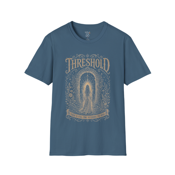 Woman standing before a sacred stone archway with botanical engraving design — Dark Sacred Stillness collection by Ramro Yoga Wear — Indigo Blue