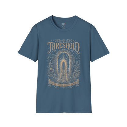 Woman standing before a sacred stone archway with botanical engraving design — Dark Sacred Stillness collection by Ramro Yoga Wear — Indigo Blue
