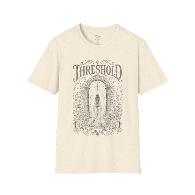 Woman standing before a sacred stone archway with botanical engraving design — Dark Sacred Stillness collection by Ramro Yoga Wear — Natural