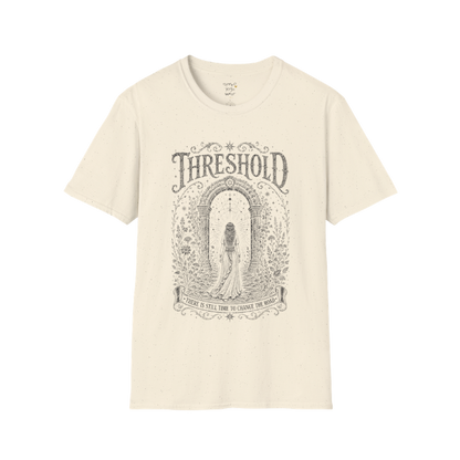 Woman standing before a sacred stone archway with botanical engraving design — Dark Sacred Stillness collection by Ramro Yoga Wear — Natural