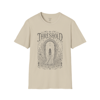 Woman standing before a sacred stone archway with botanical engraving design — Dark Sacred Stillness collection by Ramro Yoga Wear — Sand