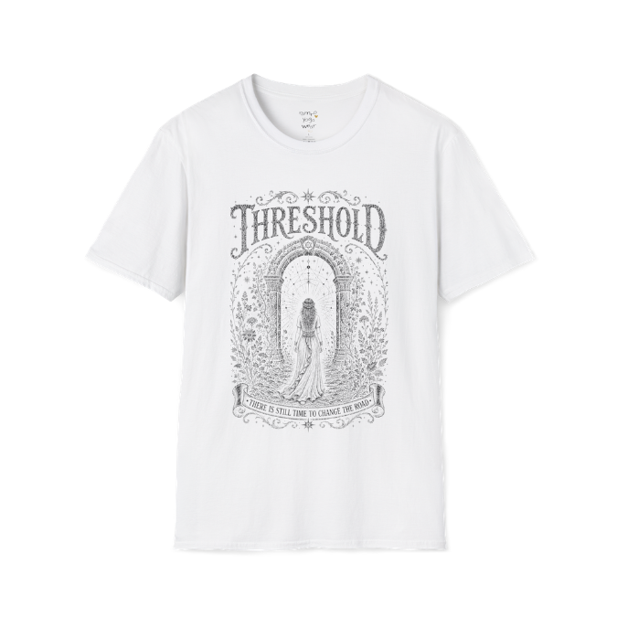 Woman standing before a sacred stone archway with botanical engraving design — Dark Sacred Stillness collection by Ramro Yoga Wear — White