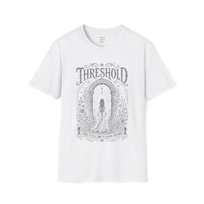 Woman standing before a sacred stone archway with botanical engraving design — Dark Sacred Stillness collection by Ramro Yoga Wear — White
