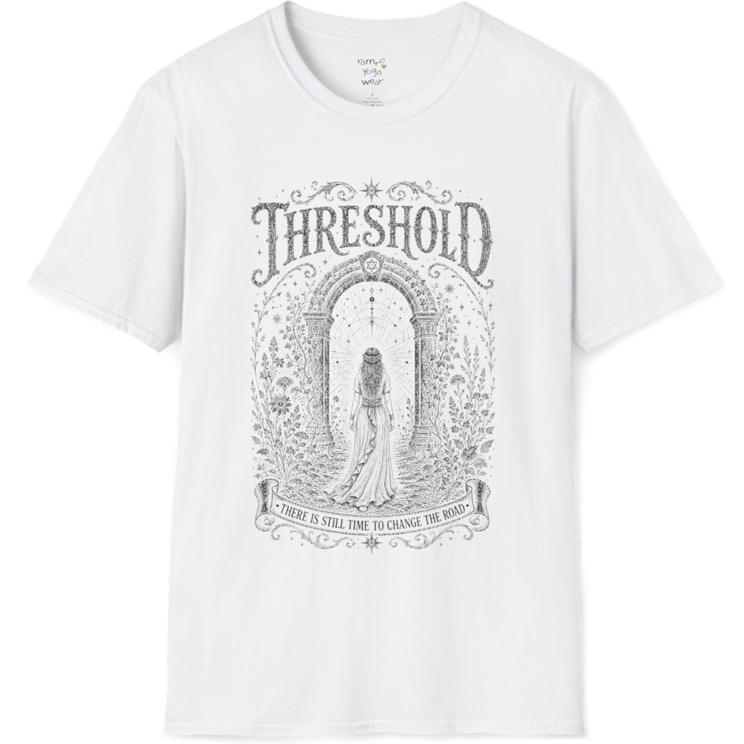 Woman standing before a sacred stone archway with botanical engraving design — Dark Sacred Stillness collection by Ramro Yoga Wear — White