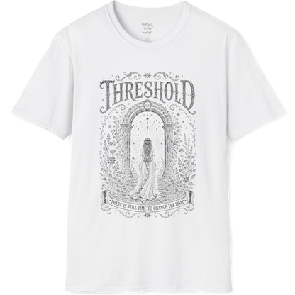 Woman standing before a sacred stone archway with botanical engraving design — Dark Sacred Stillness collection by Ramro Yoga Wear — White