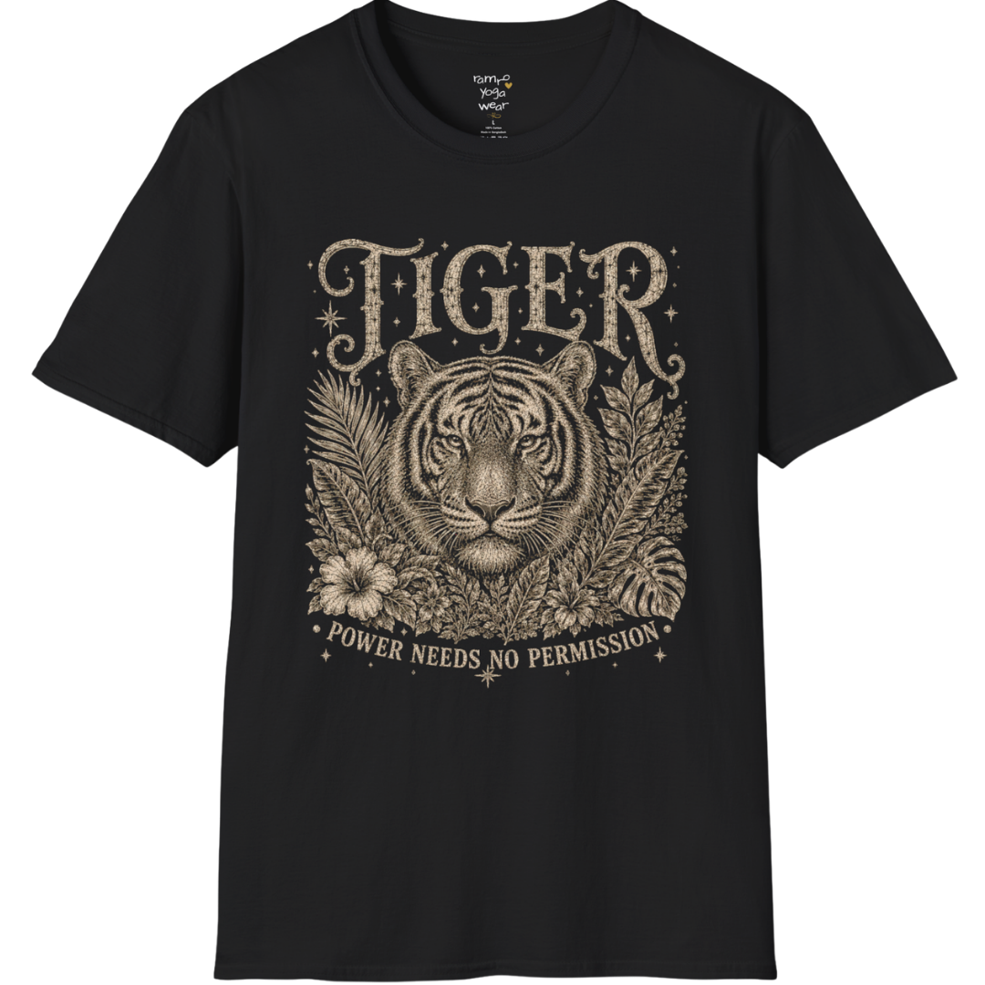 Ramro Yoga Wear Tiger tee in Black — tiger botanical vintage engraving, flat lay product shot