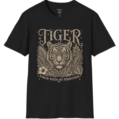 Ramro Yoga Wear Tiger tee in Black — tiger botanical vintage engraving, flat lay product shot