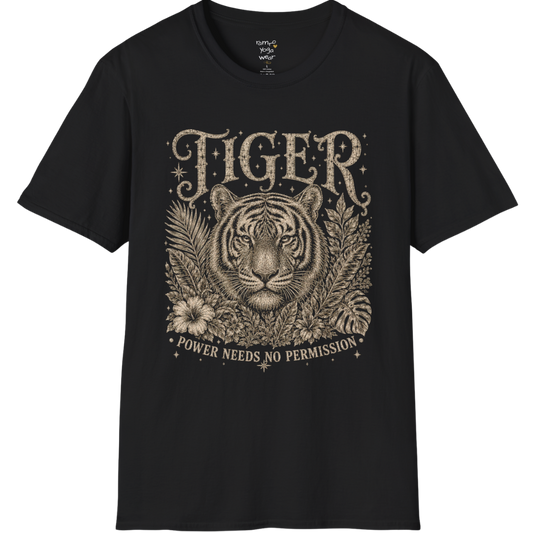 Ramro Yoga Wear Tiger tee in Black — tiger botanical vintage engraving, flat lay product shot