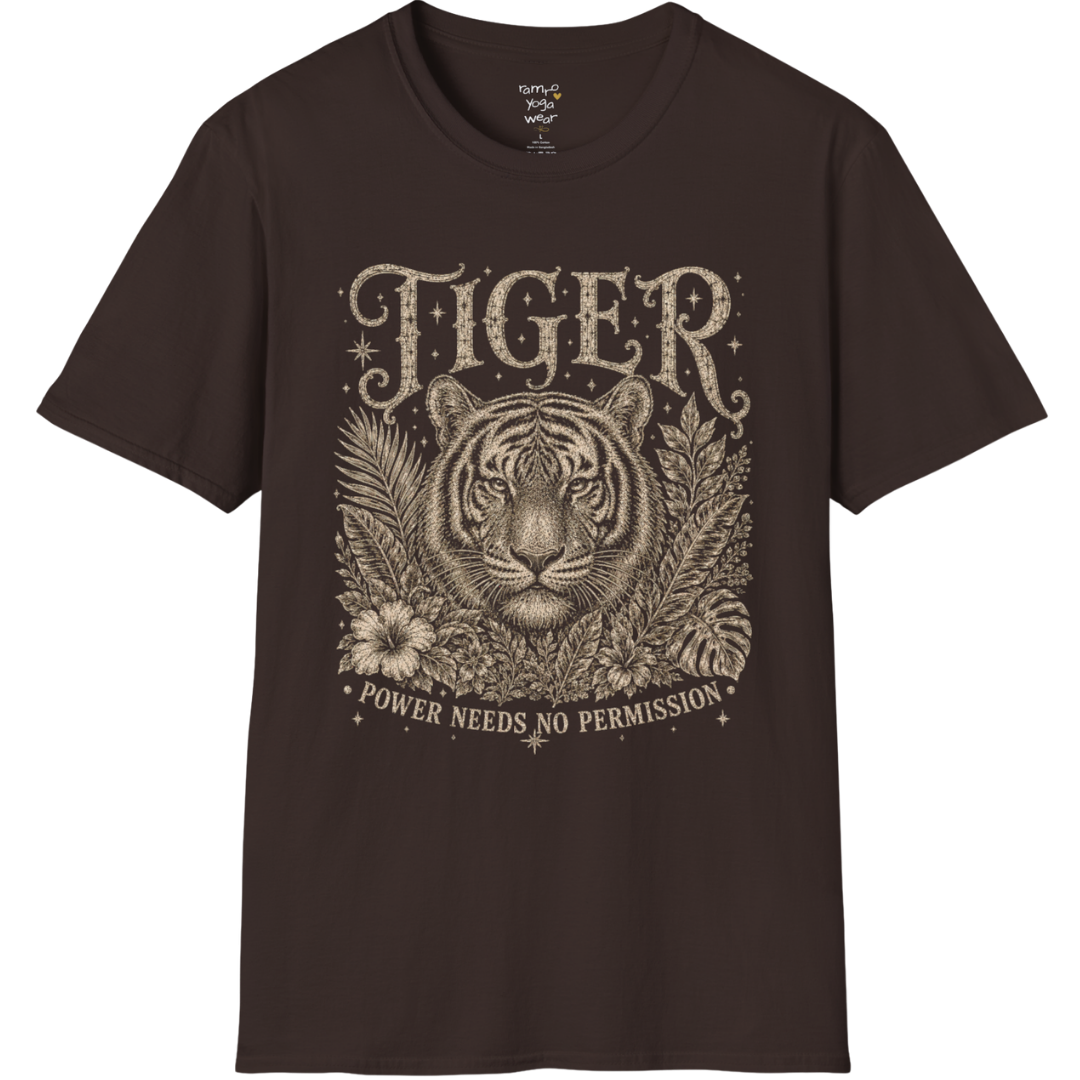 Ramro Yoga Wear Tiger tee in Sand — tiger botanical vintage engraving, flat lay product shot