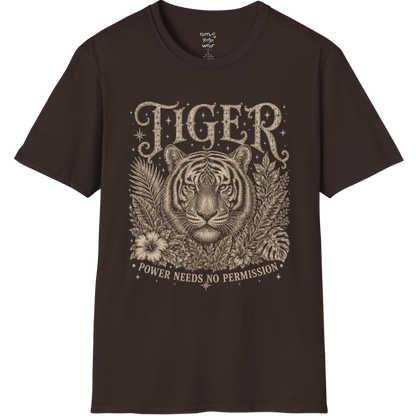Ramro Yoga Wear Tiger tee in Sand — tiger botanical vintage engraving, flat lay product shot