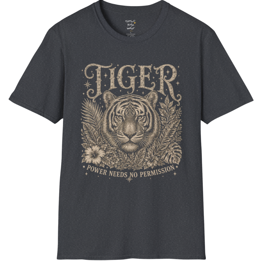 Ramro Yoga Wear Tiger tee in Dark Heather Grey — tiger botanical vintage engraving, flat lay product shot
