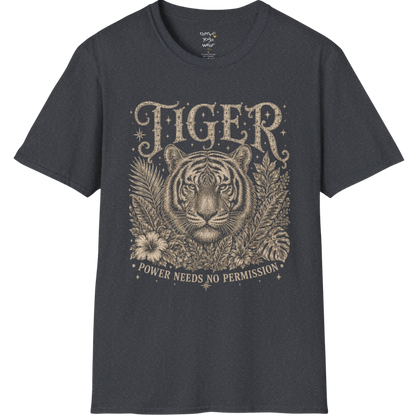 Ramro Yoga Wear Tiger tee in Dark Heather Grey — tiger botanical vintage engraving, flat lay product shot