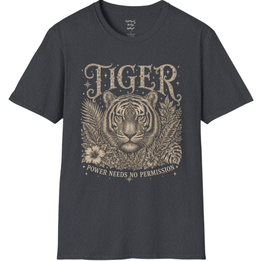 Ramro Yoga Wear Tiger tee in Dark Heather Grey — tiger botanical vintage engraving, flat lay product shot