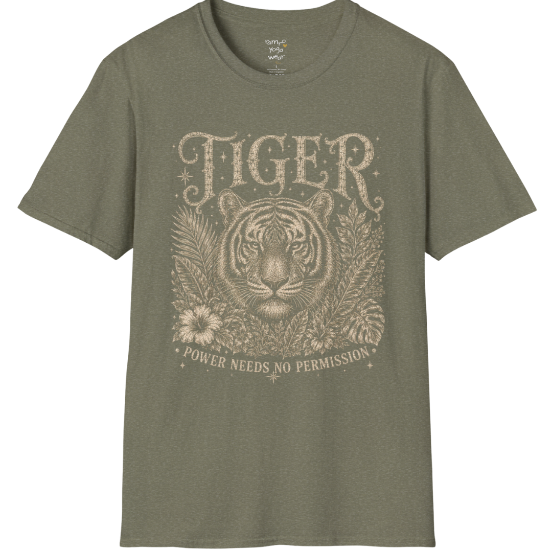 Ramro Yoga Wear Tiger tee in Heather Military Green — tiger botanical vintage engraving, flat lay product shot