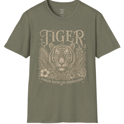 Ramro Yoga Wear Tiger tee in Heather Military Green — tiger botanical vintage engraving, flat lay product shot