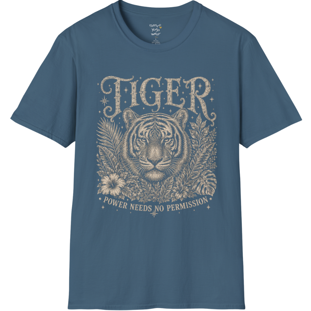 Ramro Yoga Wear Tiger tee in Indigo Blue — tiger botanical vintage engraving, flat lay product shot