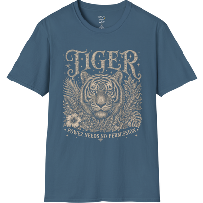 Ramro Yoga Wear Tiger tee in Indigo Blue — tiger botanical vintage engraving, flat lay product shot