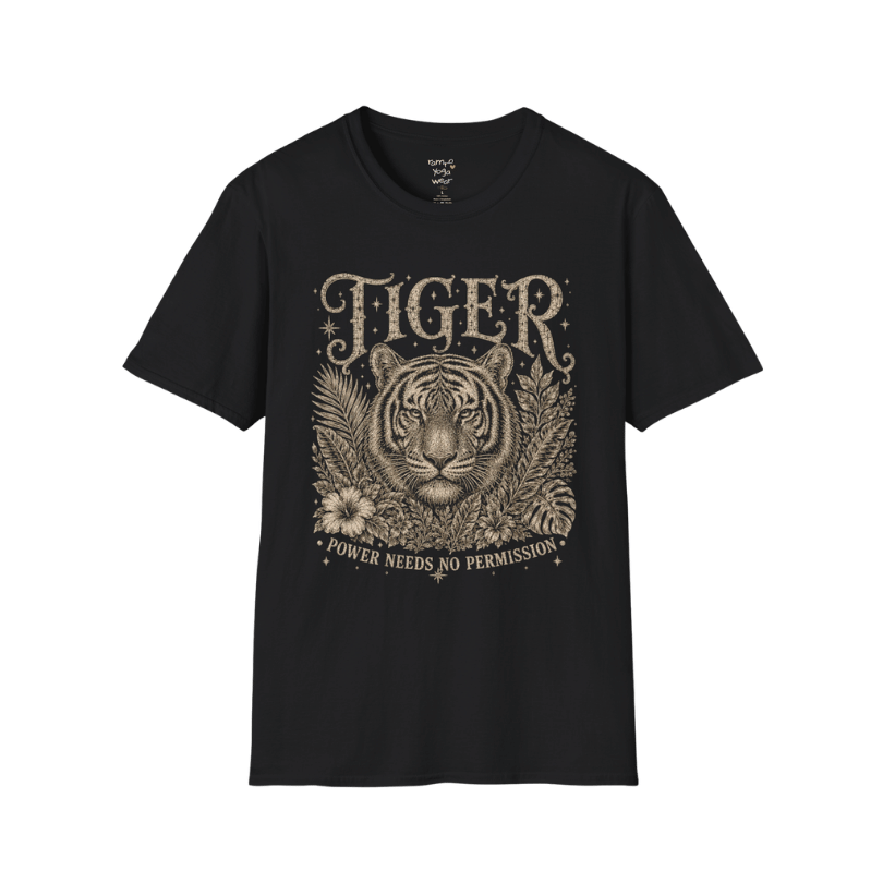 Ramro Yoga Wear Tiger tee in Black — tiger botanical vintage engraving, flat lay product shot
