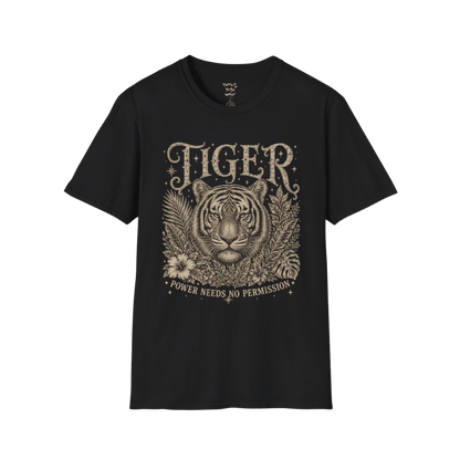Ramro Yoga Wear Tiger tee in Black — tiger botanical vintage engraving, flat lay product shot