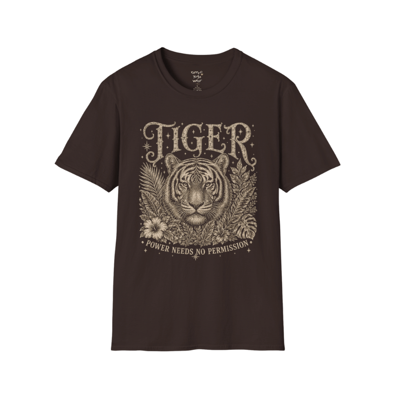 Ramro Yoga Wear Tiger tee in Sand — tiger botanical vintage engraving, flat lay product shot