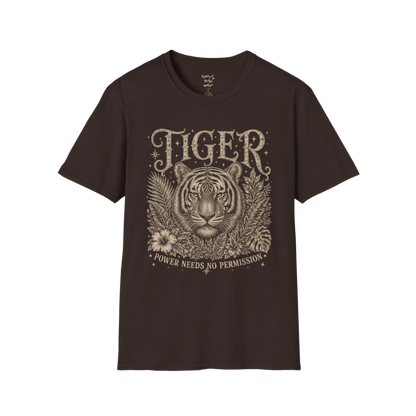 Ramro Yoga Wear Tiger tee in Sand — tiger botanical vintage engraving, flat lay product shot