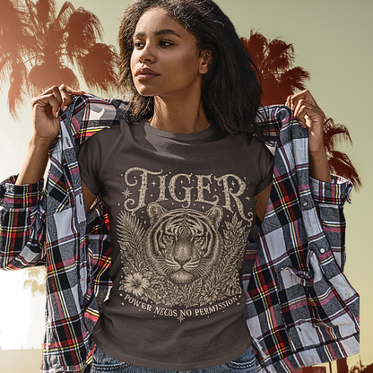 Ramro Yoga Wear Tiger tee in Dark Chocolate — lifestyle shot, palm trees background