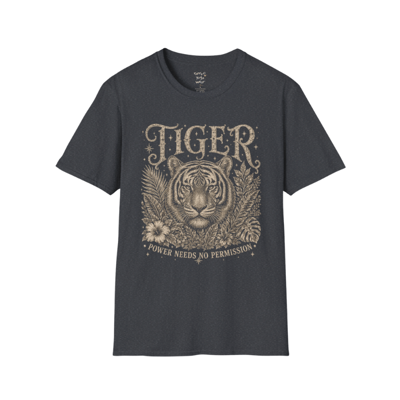 Ramro Yoga Wear Tiger tee in Dark Heather Grey — tiger botanical vintage engraving, flat lay product shot