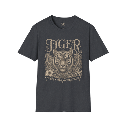 Ramro Yoga Wear Tiger tee in Dark Heather Grey — tiger botanical vintage engraving, flat lay product shot