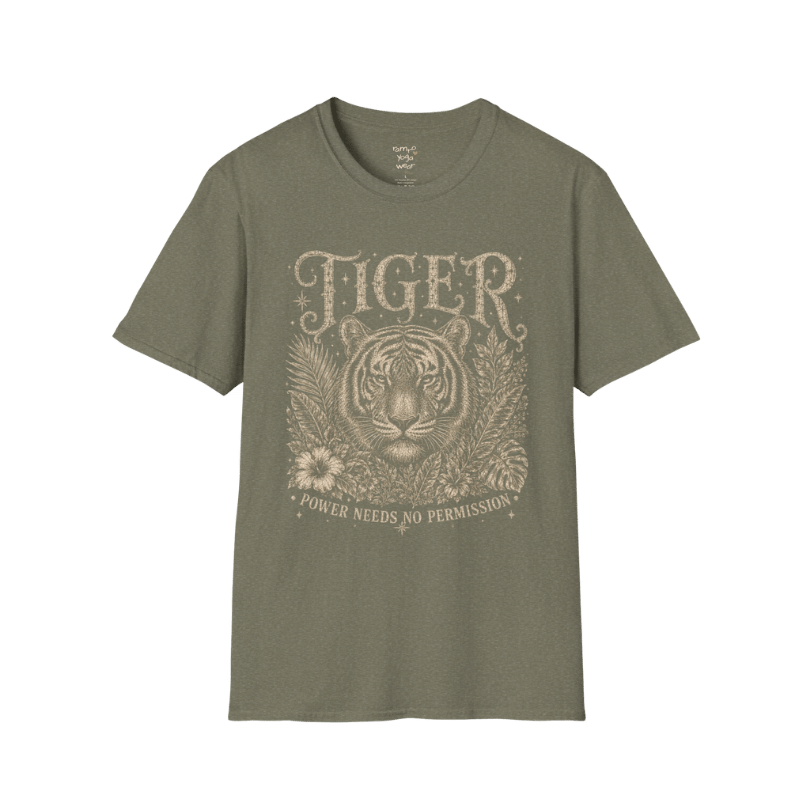 Ramro Yoga Wear Tiger tee in Heather Military Green — tiger botanical vintage engraving, flat lay product shot