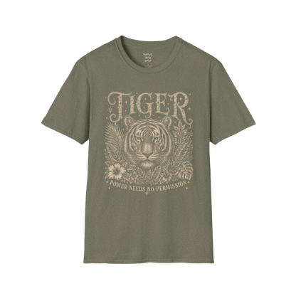 Ramro Yoga Wear Tiger tee in Heather Military Green — tiger botanical vintage engraving, flat lay product shot