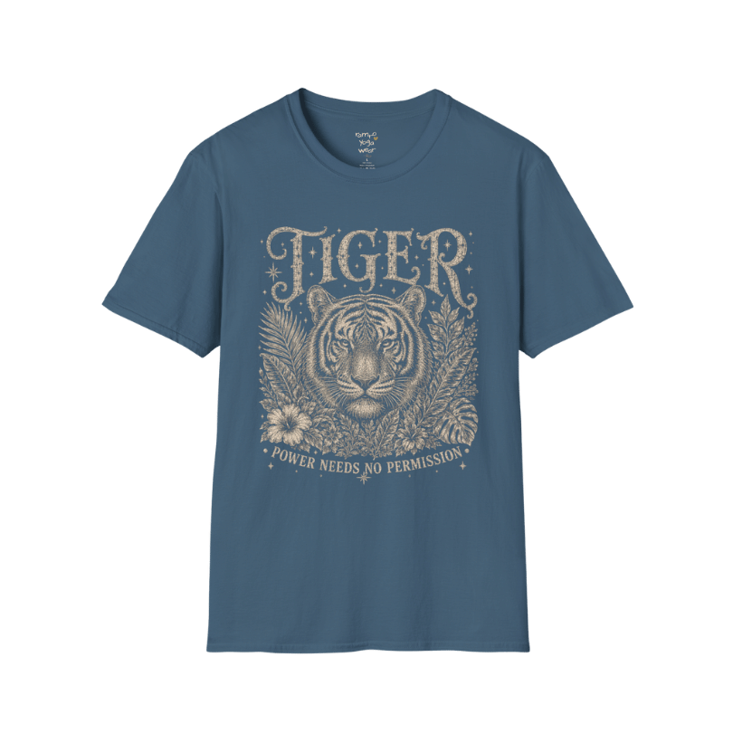 Ramro Yoga Wear Tiger tee in Indigo Blue — tiger botanical vintage engraving, flat lay product shot