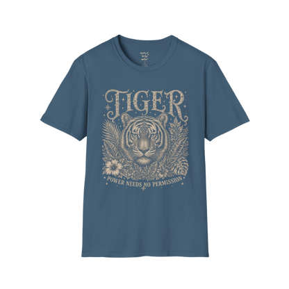 Ramro Yoga Wear Tiger tee in Indigo Blue — tiger botanical vintage engraving, flat lay product shot
