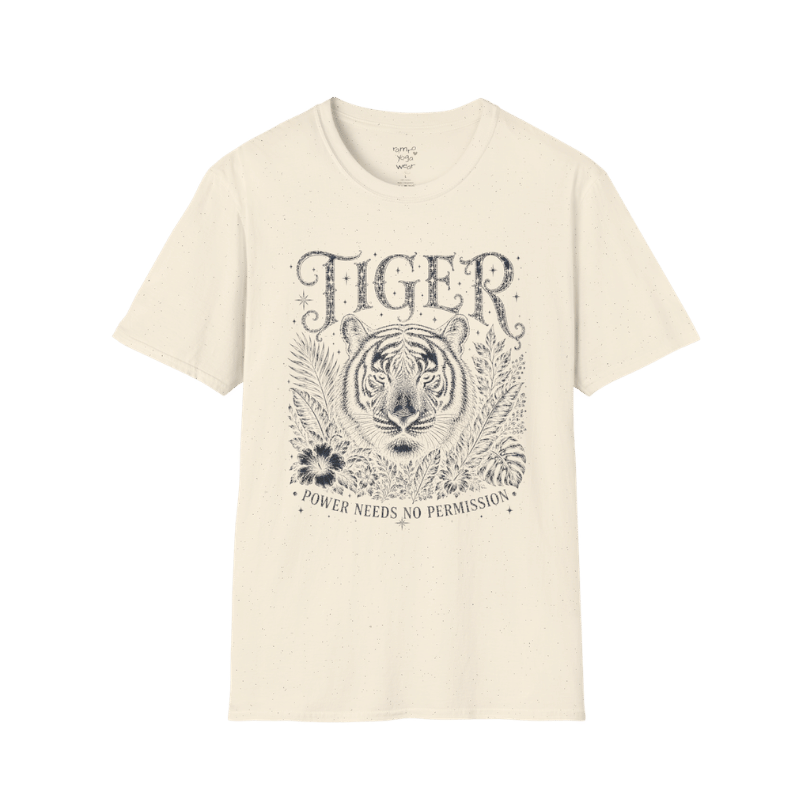 Ramro Yoga Wear Tiger tee in Natural — tiger botanical vintage engraving, flat lay product shot