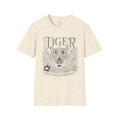 Ramro Yoga Wear Tiger tee in Natural — tiger botanical vintage engraving, flat lay product shot