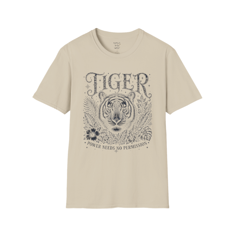 Ramro Yoga Wear Tiger tee in Sand — tiger botanical vintage engraving, flat lay product shot