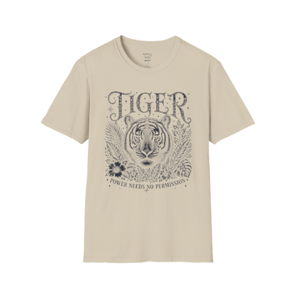 Ramro Yoga Wear Tiger tee in Sand — tiger botanical vintage engraving, flat lay product shot