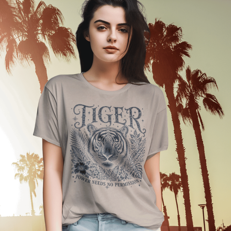 Ramro Yoga Wear Tiger tee in Sand — lifestyle shot, palm trees background