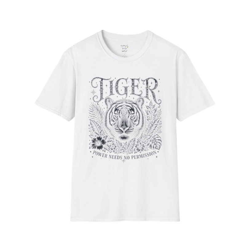 Ramro Yoga Wear Tiger tee in White — tiger botanical vintage engraving, flat lay product shot