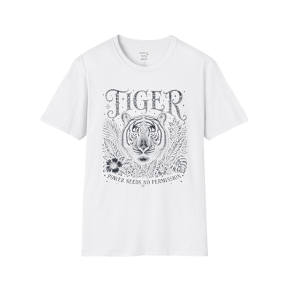 Ramro Yoga Wear Tiger tee in White — tiger botanical vintage engraving, flat lay product shot