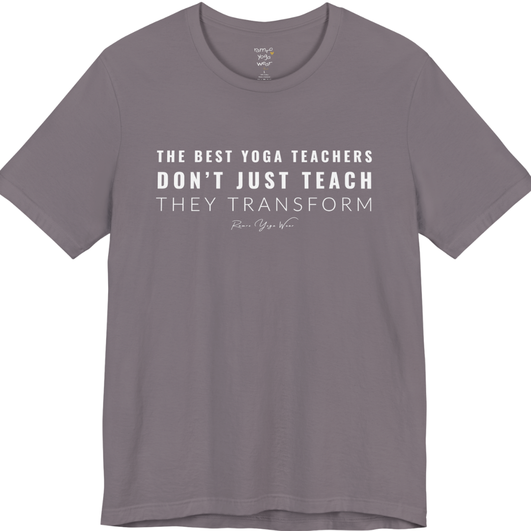 THE BEST YOGA TEACHERS DON'T JUST TEACH THEY TRANSFORM yoga teacher gift tee flat lay in Storm — Yoga Teacher Gifts collection by Ramro Yoga Wear