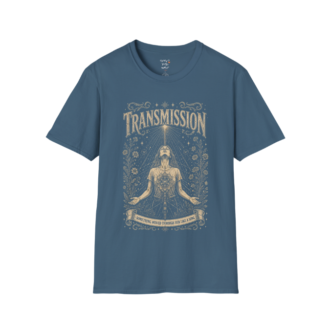 Woman receiving sacred light rays in meditation with botanical engraving design — Dark Sacred Stillness collection by Ramro Yoga Wear — Indigo Blue
