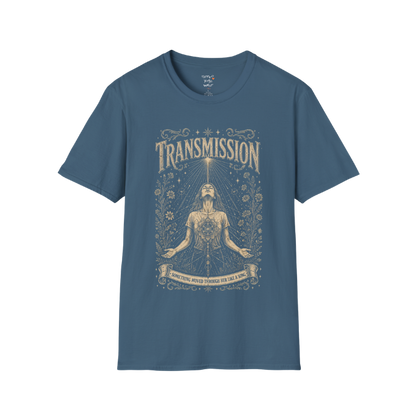 Woman receiving sacred light rays in meditation with botanical engraving design — Dark Sacred Stillness collection by Ramro Yoga Wear — Indigo Blue